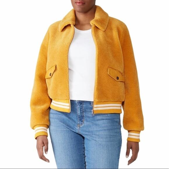 Samantha Sipos Mango Yellow Shearling Teddy Bomber Jacket Size Large - Picture 1 of 7
